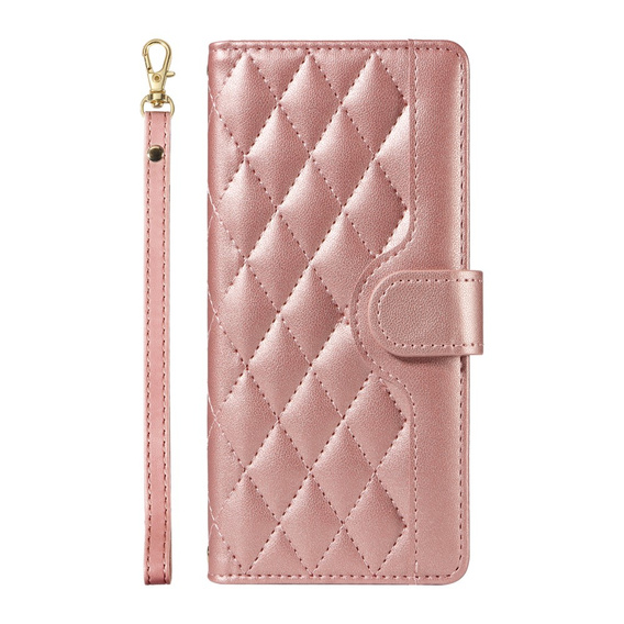 Flap tok iPhone 16E, Rhombus Crossbody Leather, rózsaszín rose gold