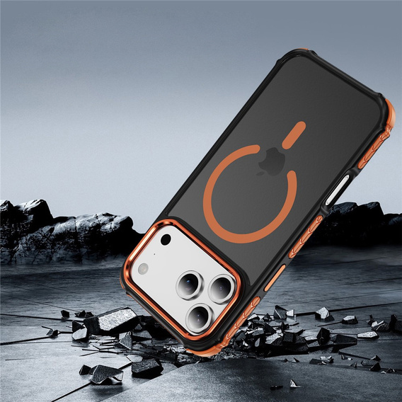 Matt tok iPhone 17 Pro Max készülékhez, páncélozott, MagSafe-hoz, füstszínű, narancssárga oldallal