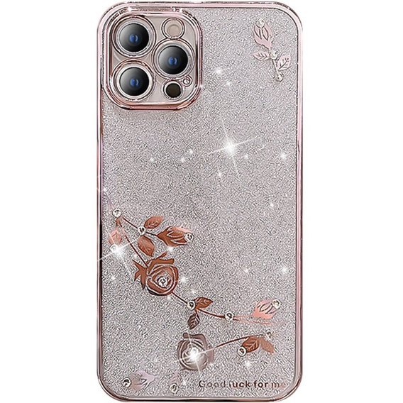 tok iPhone 14 Pro Max, csillogó virág, rózsaszín rose gold