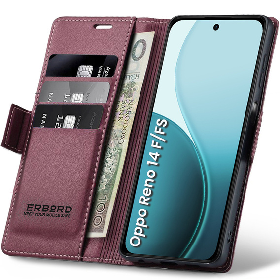 Tok Oppo Reno 14 F / 14 FS, ERBORD Glossy Litchi, pénztárca patenttal, piros