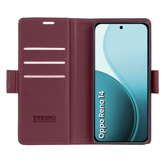 Tok Oppo Reno 14, ERBORD Glossy Litchi, pénztárca patenttal, piros