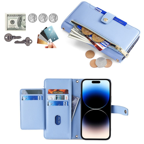 Pattintható tok a iPhone 14 Pro, Wallet Zipper Pocket, kék