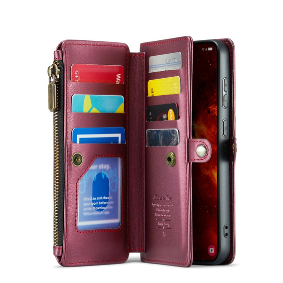 Tok CASEME Samsung Galaxy S24 FE, RFID Leather Wallet, vállpánttal, piros
