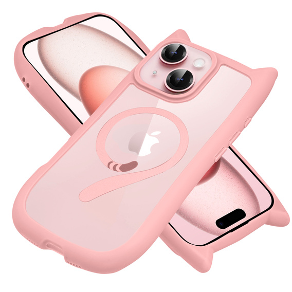 Tok iPhone 15-hoz, MagSafe, Cute Cat, rózsaszín + képernyőüveg