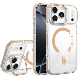 Tok iPhone 17 Pro Max készülékhez, MagSafe, állvánnyal, átlátszó, arany betétekkel