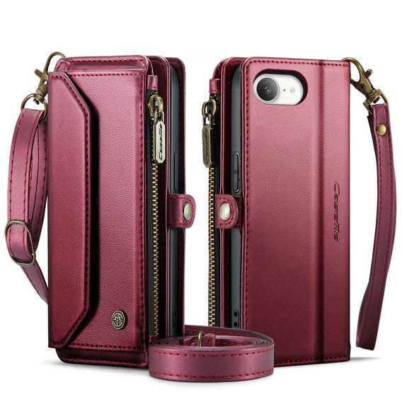Tok CASEME iPhone16e, RFID Leather Wallet, vállpánttal, piros