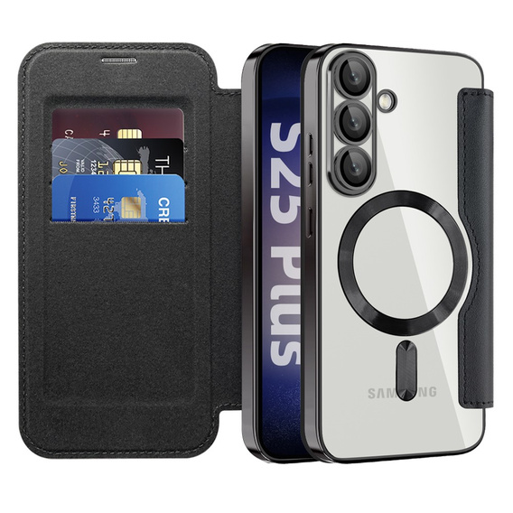Pattintható tok a Samsung Galaxy S25, RFID Rhombus Wallet MagSafe CamShield, fekete