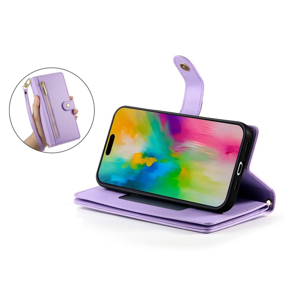 Pattintható tok a iPhone 16 Pro, Wallet Zipper Pocket, lila