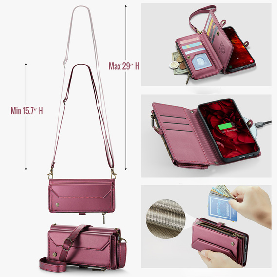 Tok CASEME Samsung Galaxy S25 FE, RFID Leather Wallet, vállpánttal, piros