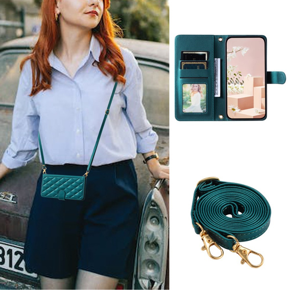 Flap tok Samsung Galaxy A55 5G, Rhombus Crossbody Leather, sötétzöld