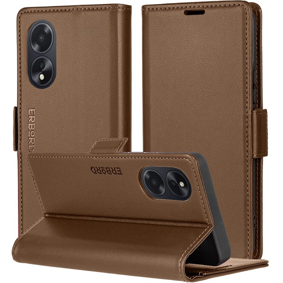 Tok Oppo A18 4G / A38 4G, ERBORD Glossy Litchi, pénztárca patenttal, barna