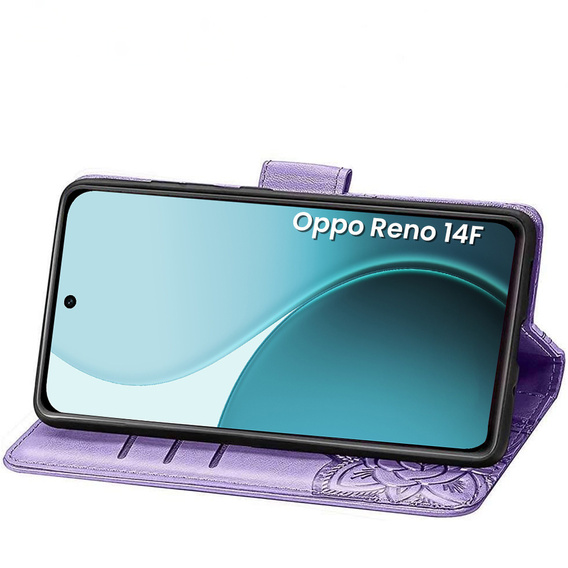 Pattintható tok Oppo Reno 14F, pénztárca, Butterfly, lila