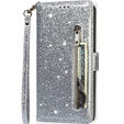 Pattintható tok a Samsung Galaxy A55, Wallet Zipper Pocket Glittery, ezüst