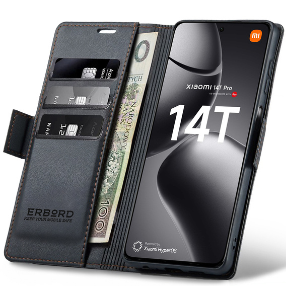Tok Xiaomi 14T Pro, ERBORD Glossy Litchi, pénztárca patenttal, fekete