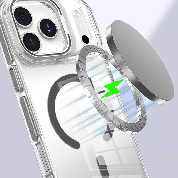 Tok iPhone 17 Pro Max készülékhez, MagSafe, állvánnyal, átlátszó, szürke betétekkel