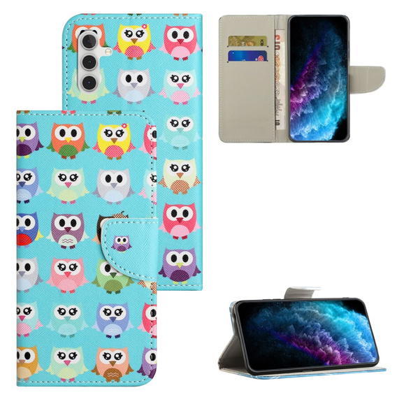 Pattintható tok a Samsung Galaxy M15 5G, Wallet, Owls kék