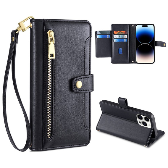 Pattintható tok a iPhone 14 Pro, Wallet Zipper Pocket, fekete