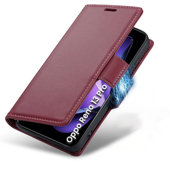 Tok Oppo Reno 13 Pro, ERBORD Glossy Litchi, pénztárca patenttal, piros