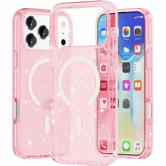 Tok iPhone 17 Pro készülékhez, MagSafe, csillogó, átlátszó rózsaszínű