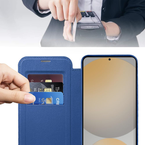 Pattintható tok a Samsung Galaxy S25 FE, RFID Wallet MagSafe CamShield, sötétkék