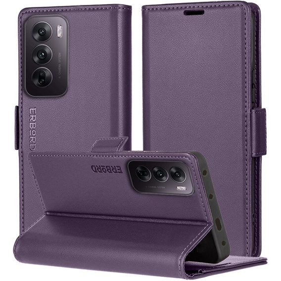 Tok Oppo Reno 12 Pro, ERBORD Glossy Litchi, pénztárca patenttal, lila