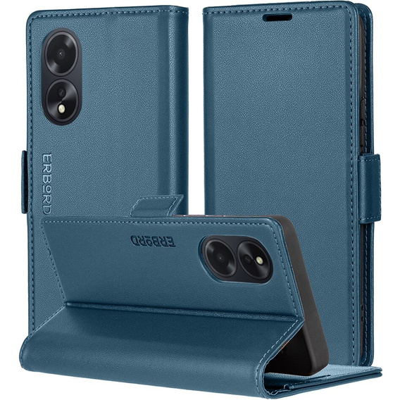 Tok Oppo A18 4G / A38 4G, ERBORD Glossy Litchi, pénztárca patenttal, kék