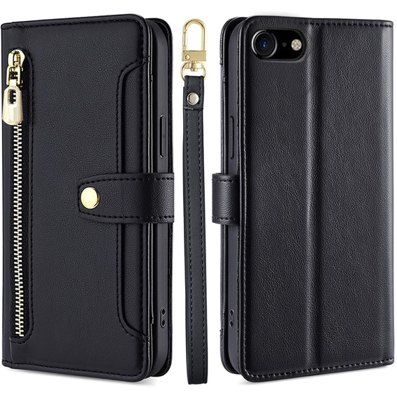 Pattintható tok a iPhone 16E, Wallet Zipper Pocket, fekete