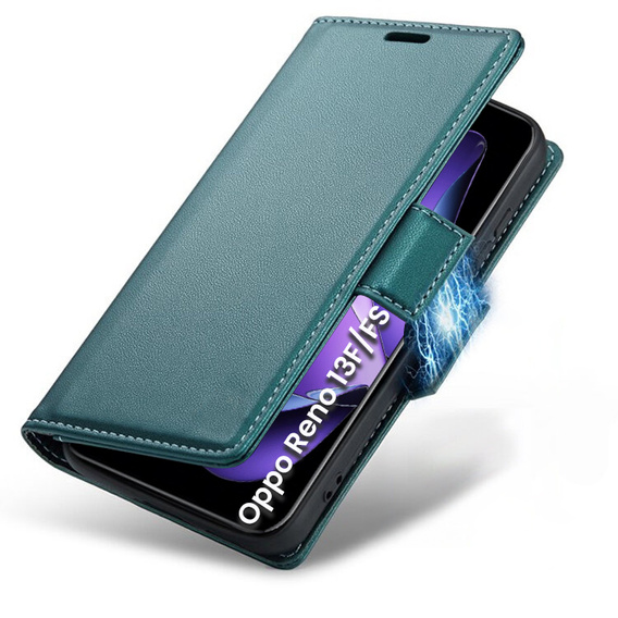Tok Oppo Reno 13F / Oppo Reno 13FS, ERBORD Glossy Litchi, pénztárca patenttal, zöld