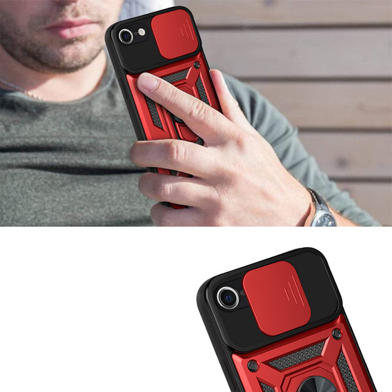 Páncélozott tok iPhone 16E, CamShield Slide, piros + edzett üveg 9H
