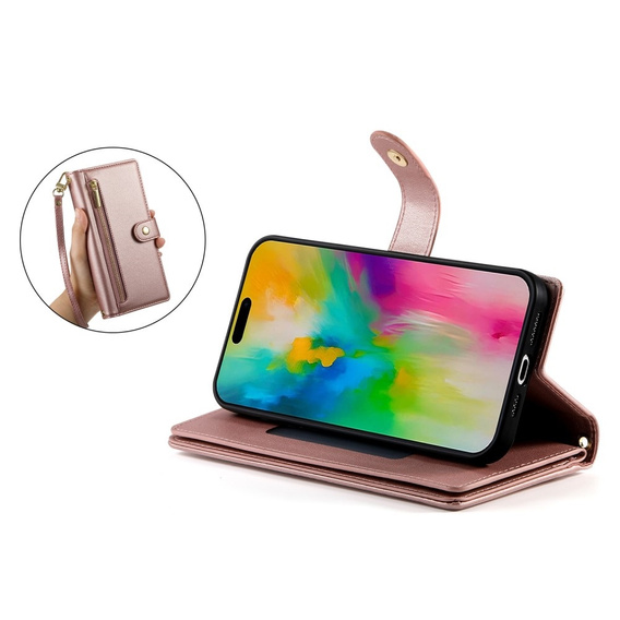 Pattintható tok a iPhone 16 Pro, Wallet Zipper Pocket, rózsaszín