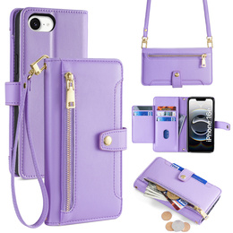 Pattintható tok a iPhone 16E, Wallet Zipper Pocket, lila