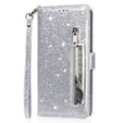 Pattintható tok a Samsung Galaxy A56 5G, Wallet Zipper Pocket Glittery, ezüst