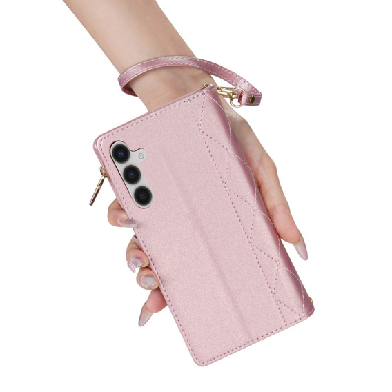 Flap tok Samsung Galaxy A56 5G, Rhombus Crossbody Leather, rózsaszín rose gold