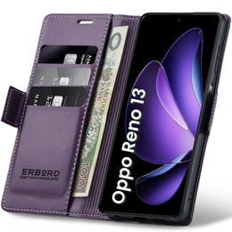 Tok Oppo Reno 13, ERBORD Glossy Litchi, pénztárca patenttal, lila