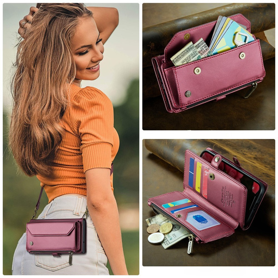 Tok CASEME iPhone16e, RFID Leather Wallet, vállpánttal, piros