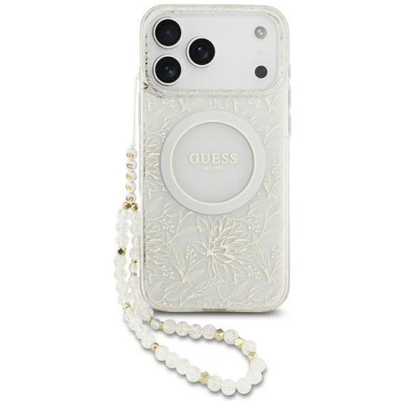 Guess IML virágokkal díszített, gyöngyökkel díszített pántos tok, MagSafe-hez, pánttal, iPhone 17 Pro Max-hoz