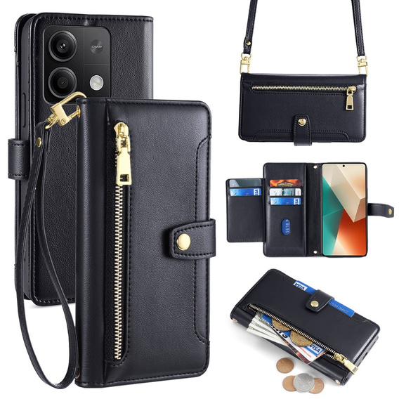 Pattintható tok a Xiaomi Redmi Note 13 5G, Wallet Zipper Pocket, fekete