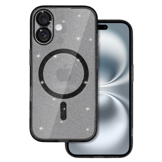 Tok iPhone 16-hoz, ERBORD Glitter MagSafe, fekete + képernyőüveg