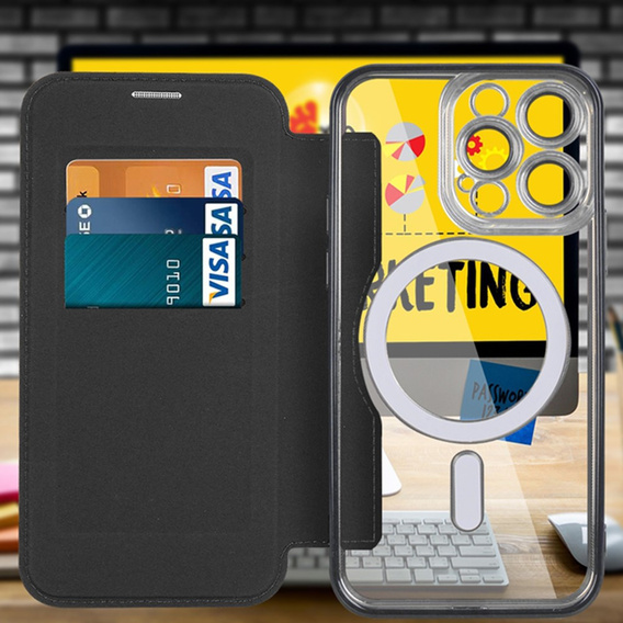 Pattintható tok a iPhone 13 Pro, RFID Wallet MagSafe CamShield, fekete