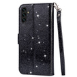 Pattintható tok a Samsung Galaxy A35 5G, Wallet Zipper Pocket Glittery, fekete