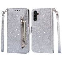 Pattintható tok a Samsung Galaxy A35 5G, Wallet Zipper Pocket Glittery, ezüst