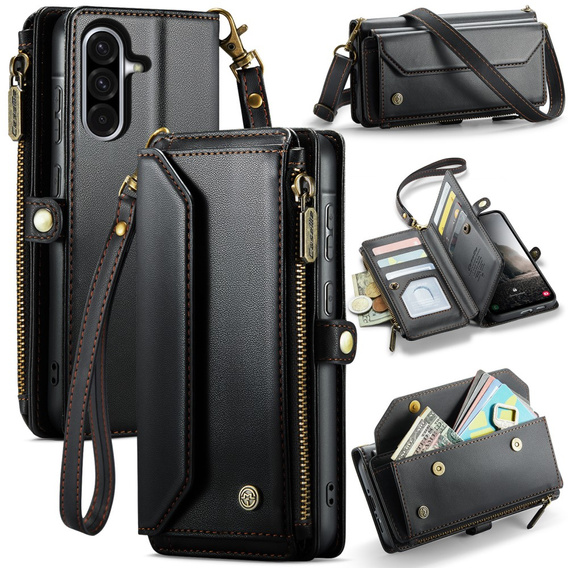 Tok CASEME Samsung Galaxy A56 5G, RFID Leather Wallet, vállpánttal, fekete