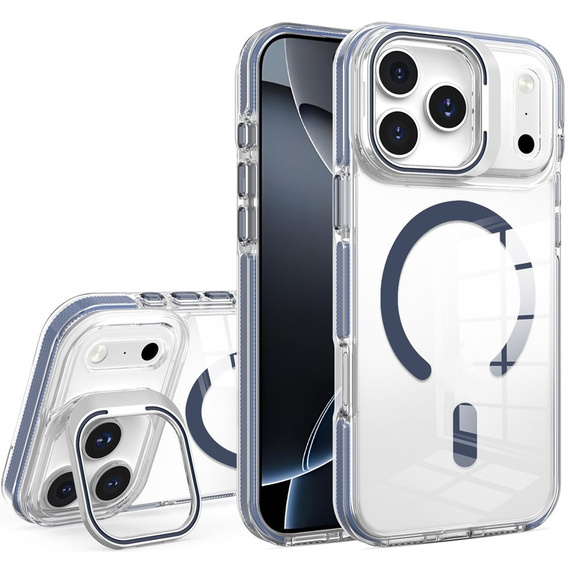 Tok iPhone 17 Pro Max készülékhez, MagSafe, állvánnyal, átlátszó, sötétkék betétekkel