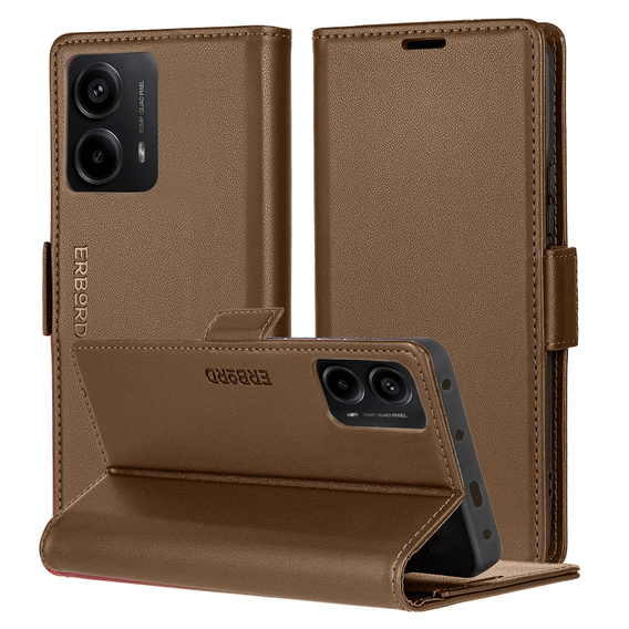 Tok Motorola Moto G24 Power, ERBORD Glossy Litchi, pénztárca patenttal, barna