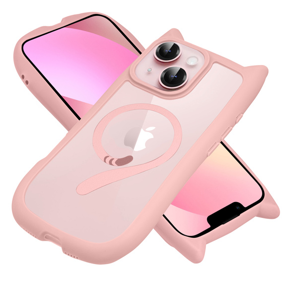 Tok iPhone 13 / iPhone 14-hoz, MagSafe, Cute Cat, rózsaszín + képernyőüveg