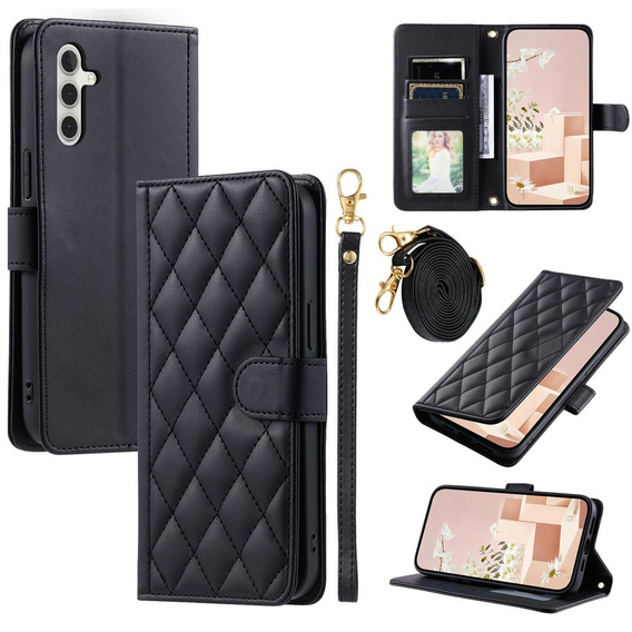 Flap tok Samsung Galaxy S25 FE, Rhombus Crossbody Leather, fekete