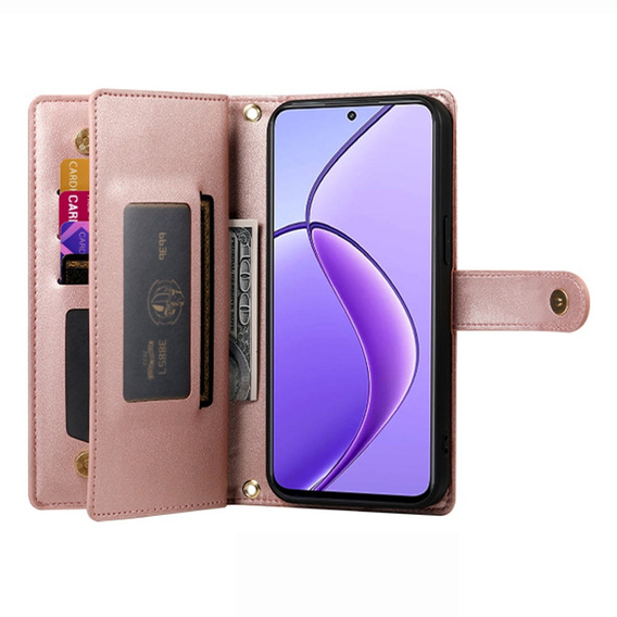 Pattintható tok a Realme 14 Pro+ 5G, Wallet Zipper Pocket, rózsaszín