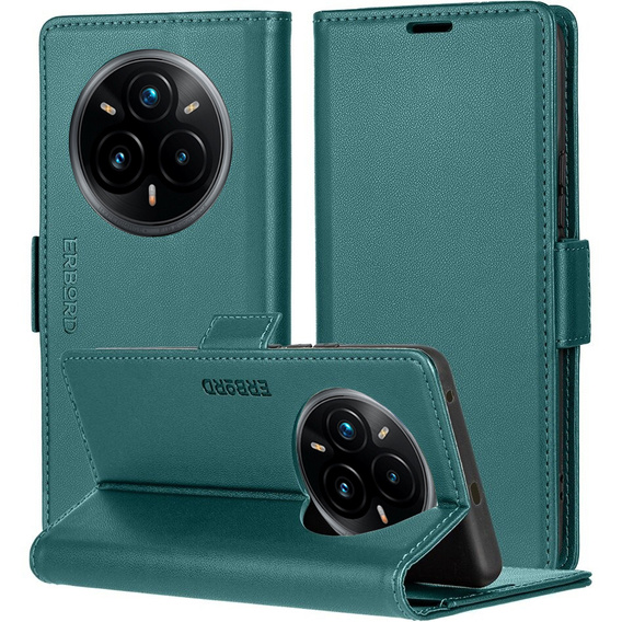 Tok Realme 14 Pro 5G, ERBORD Glossy Litchi, pénztárca patenttal, zöld