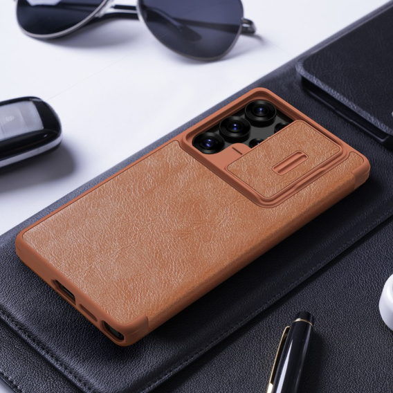 NILLKIN flip tok Samsung Galaxy S25 Ultra, CamShield Qin Pro, bőr, barna