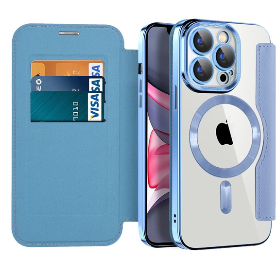 Pattintható tok a iPhone 15 Pro, RFID Wallet MagSafe CamShield, kék
